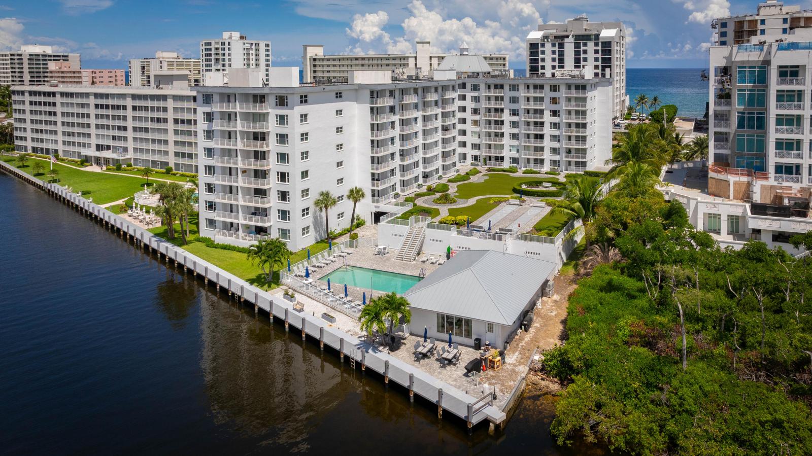 3114 S Ocean Boulevard #509, Highland Beach, FL 33487 - aerial of Monterey House on the Intracoastal with the ocean beyond